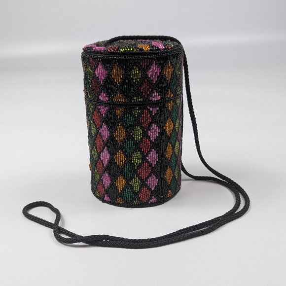 Bob Mackie Harlequin Glass Beaded Cylindrical Box Purse Evening Bag Vintage - Picture 1 of 13